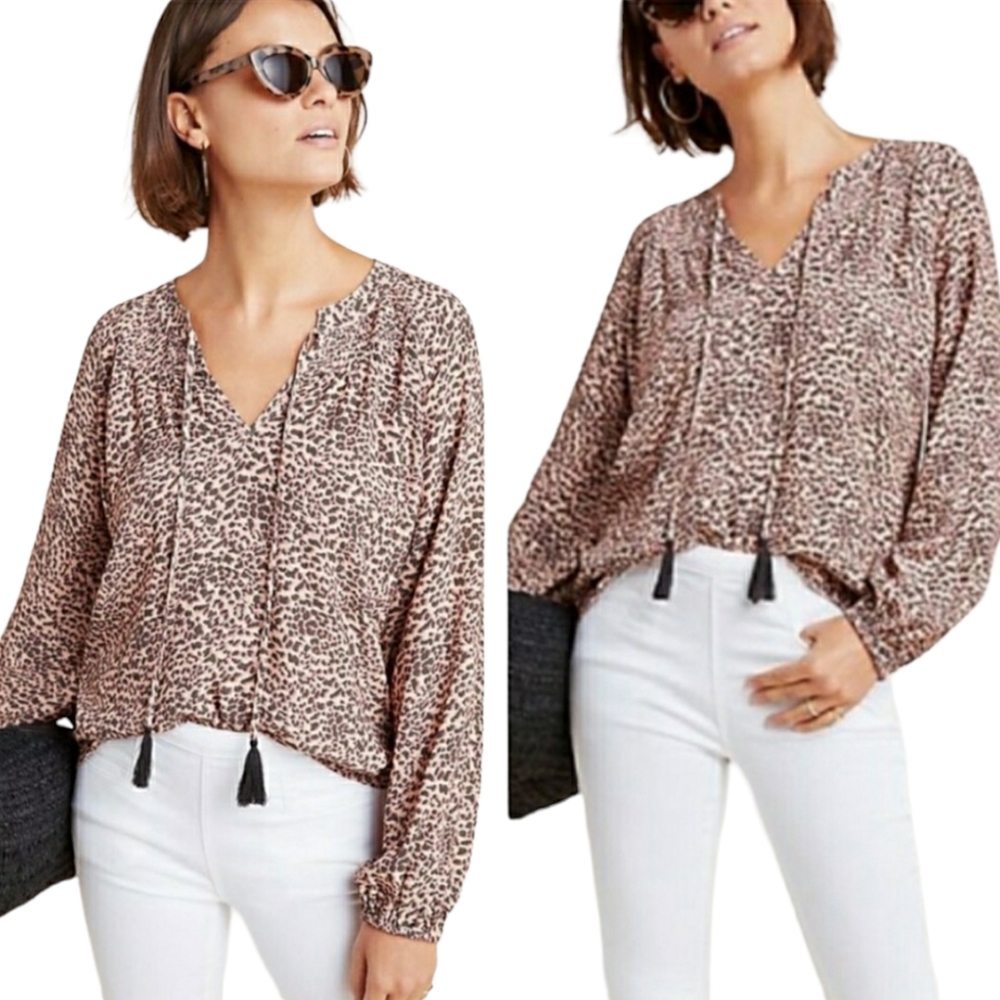 Kachel x  Anthropologie Blouse Leopard Long Sleeve Tassel Peasant Top